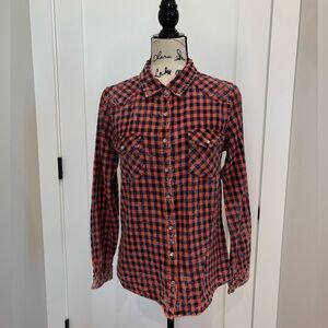 Lovestitch Orange and Blue Distressed Plaid Shirt
